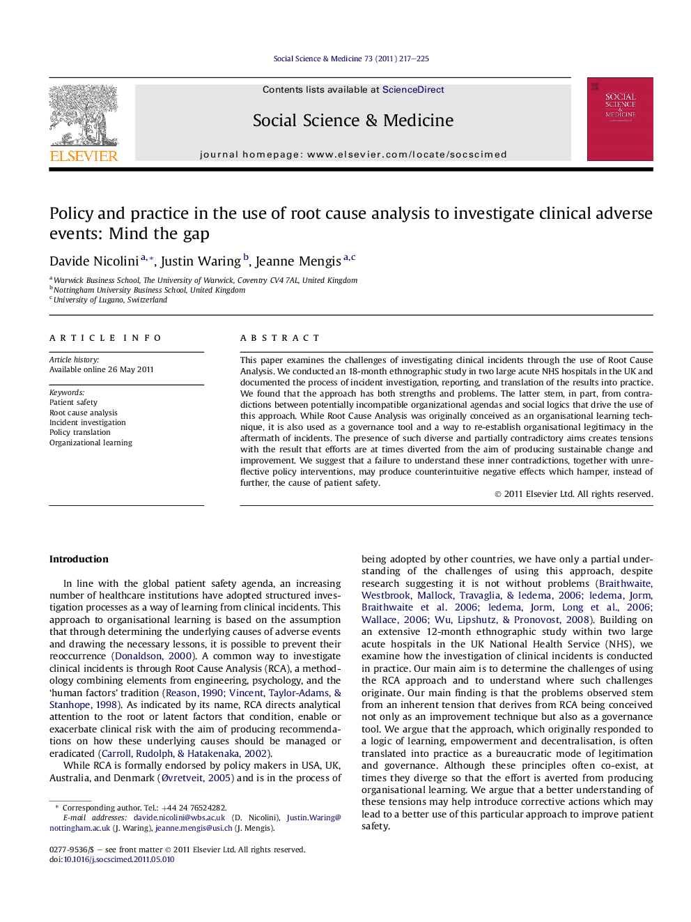 Policy and practice in the use of root cause analysis to investigate clinical adverse events: Mind the gap