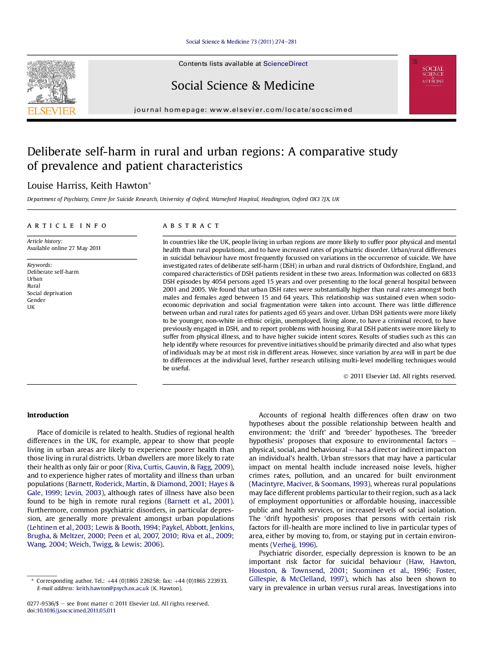 Deliberate self-harm in rural and urban regions: A comparative study of prevalence and patient characteristics