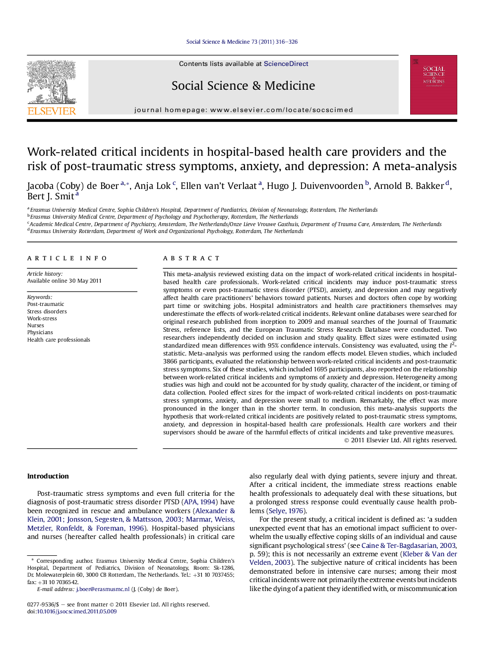 Work-related critical incidents in hospital-based health care providers and the risk of post-traumatic stress symptoms, anxiety, and depression: A meta-analysis