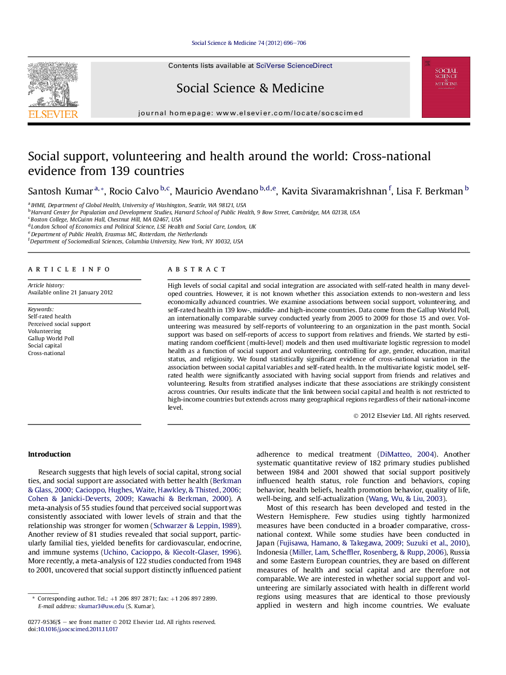 Social support, volunteering and health around the world: Cross-national evidence from 139 countries