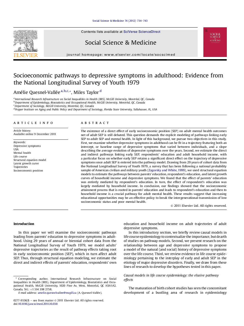 Socioeconomic pathways to depressive symptoms in adulthood: Evidence from the National Longitudinal Survey of Youth 1979