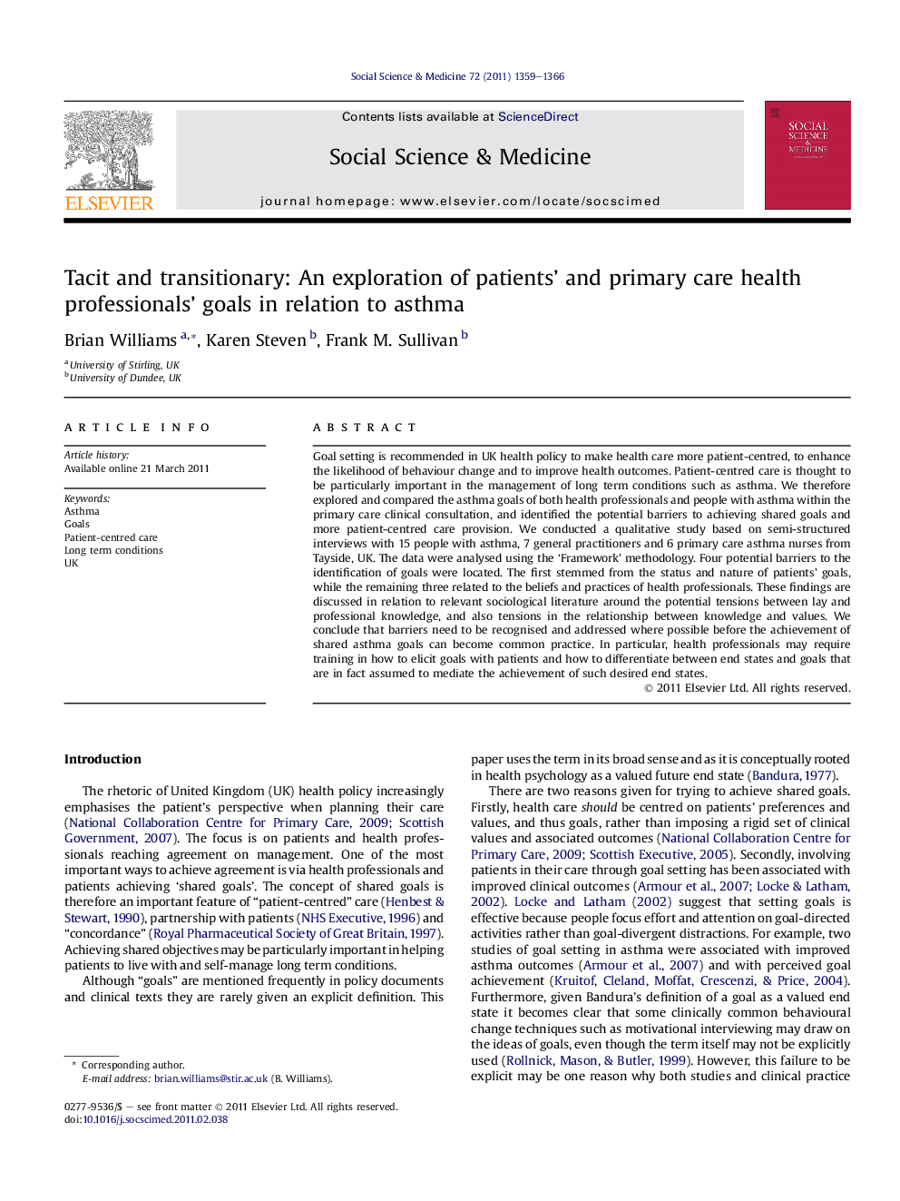 Tacit and transitionary: An exploration of patients' and primary care health professionals' goals in relation to asthma