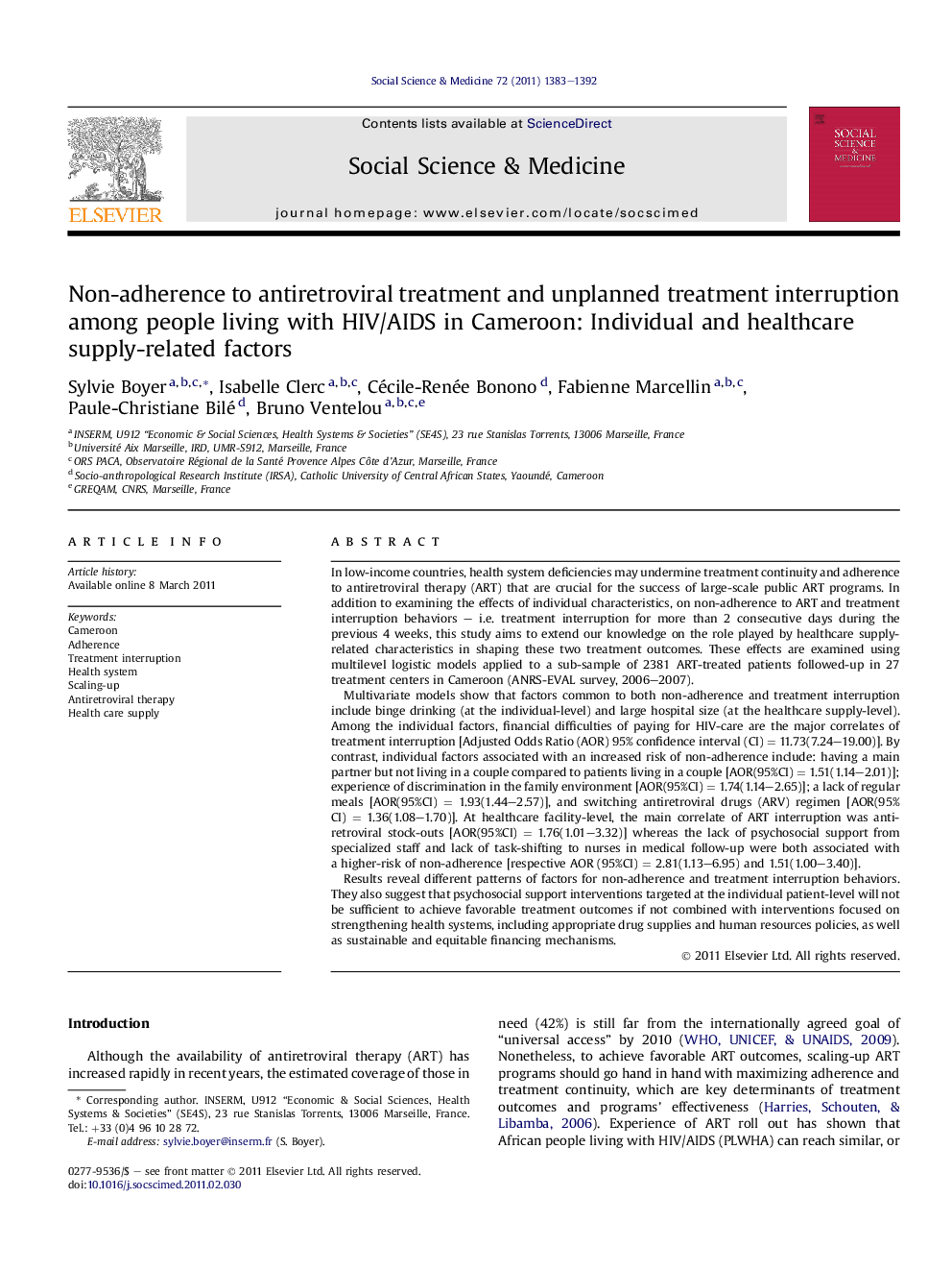 Non-adherence to antiretroviral treatment and unplanned treatment interruption among people living with HIV/AIDS in Cameroon: Individual and healthcare supply-related factors