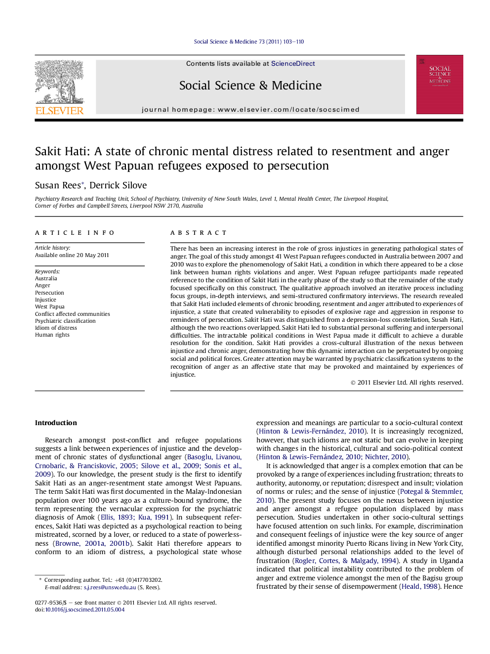 Sakit Hati: A state of chronic mental distress related to resentment and anger amongst West Papuan refugees exposed to persecution