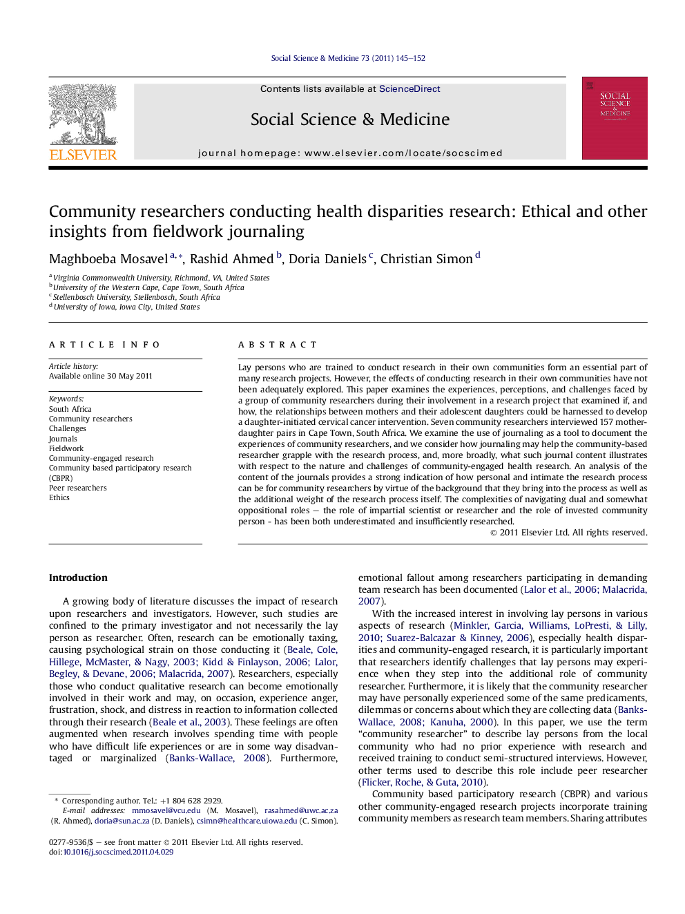 Community researchers conducting health disparities research: Ethical and other insights from fieldwork journaling