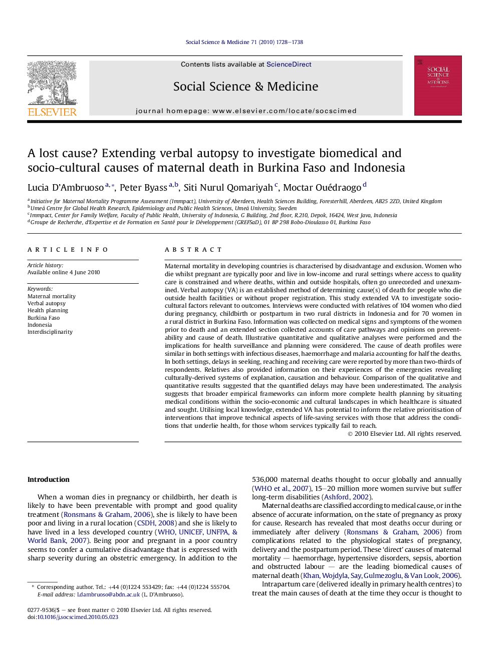 A lost cause? Extending verbal autopsy to investigate biomedical and socio-cultural causes of maternal death in Burkina Faso and Indonesia