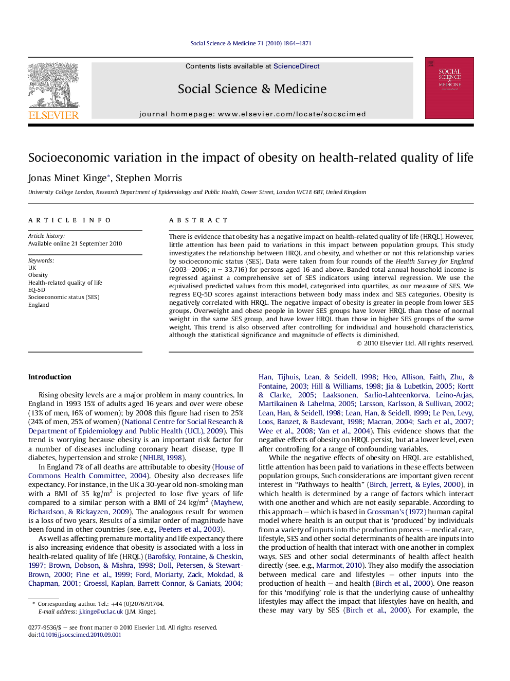 Socioeconomic variation in the impact of obesity on health-related quality of life