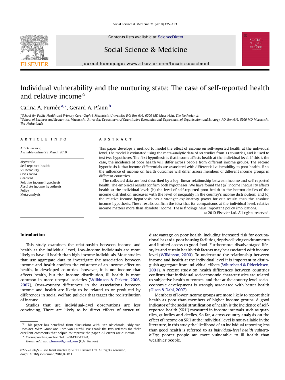 Individual vulnerability and the nurturing state: The case of self-reported health and relative income