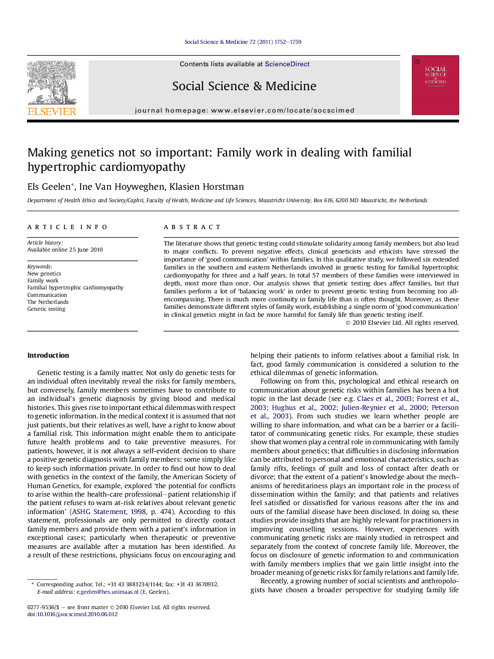 Making genetics not so important: Family work in dealing with familial hypertrophic cardiomyopathy