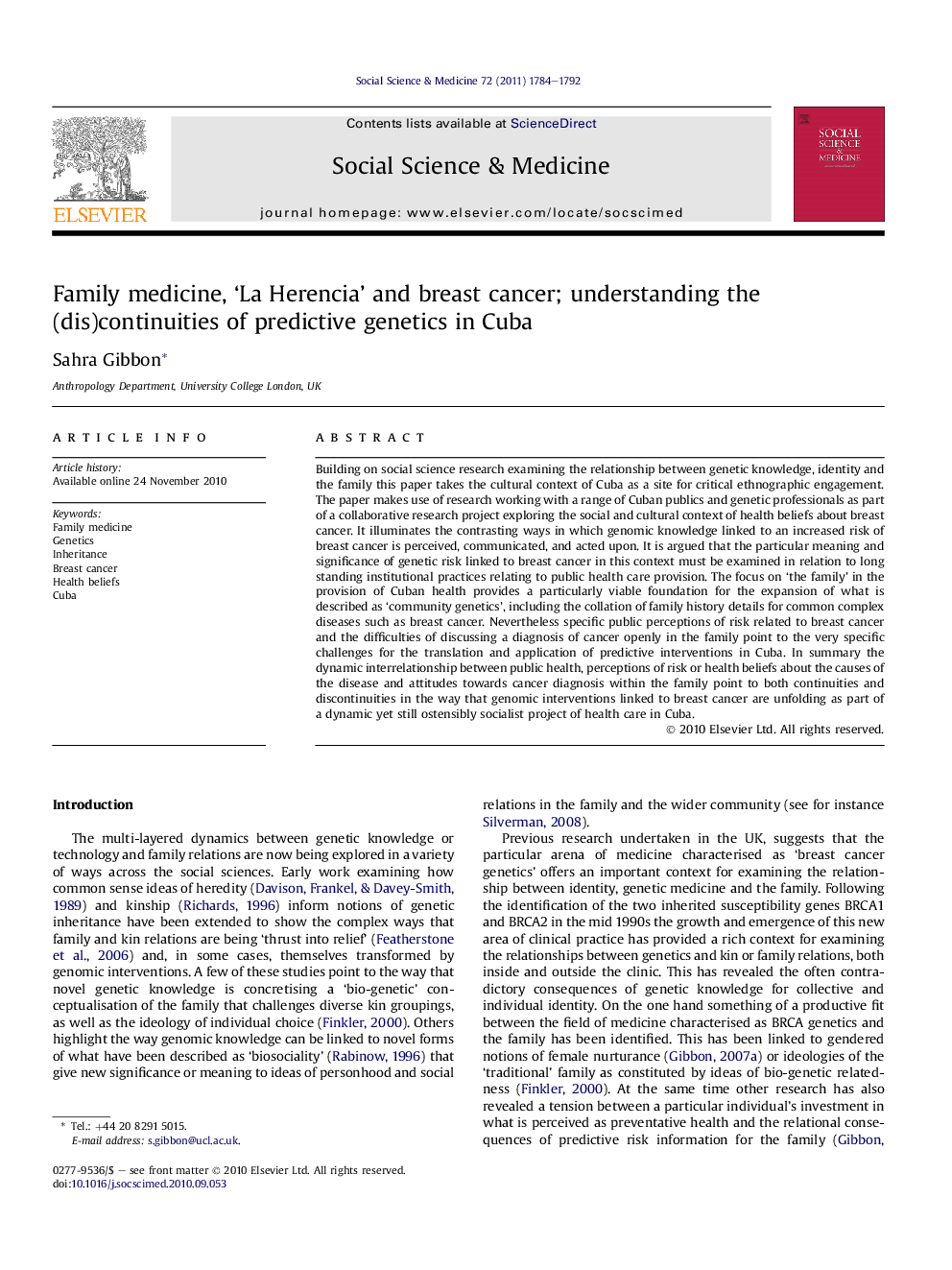 Family medicine, 'La Herencia' and breast cancer; understanding the (dis)continuities of predictive genetics in Cuba