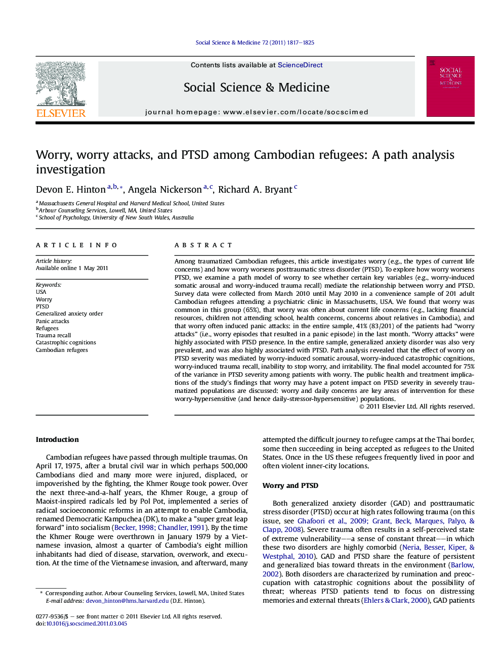 Worry, worry attacks, and PTSD among Cambodian refugees: A path analysis investigation