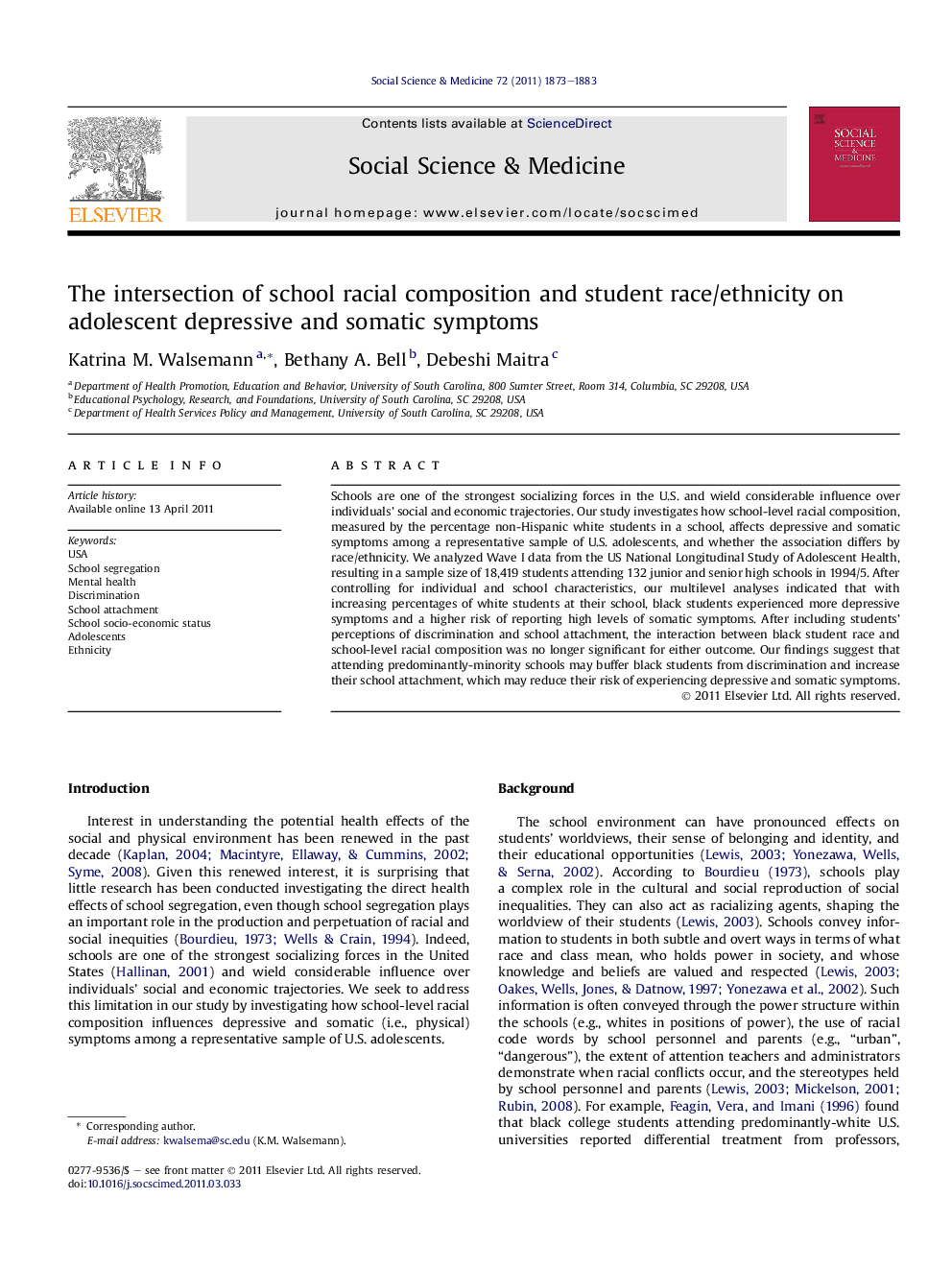 The intersection of school racial composition and student race/ethnicity on adolescent depressive and somatic symptoms