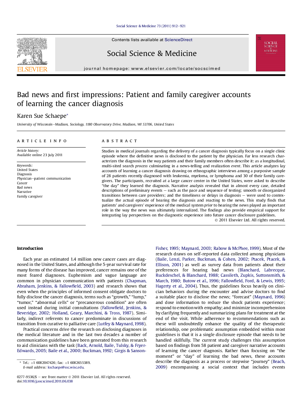 Bad news and first impressions: Patient and family caregiver accounts of learning the cancer diagnosis