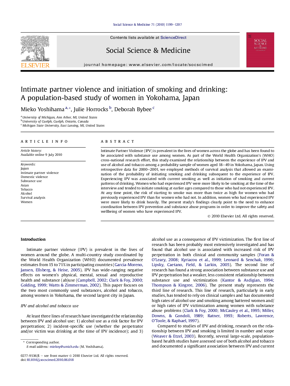 Intimate partner violence and initiation of smoking and drinking: A population-based study of women in Yokohama, Japan