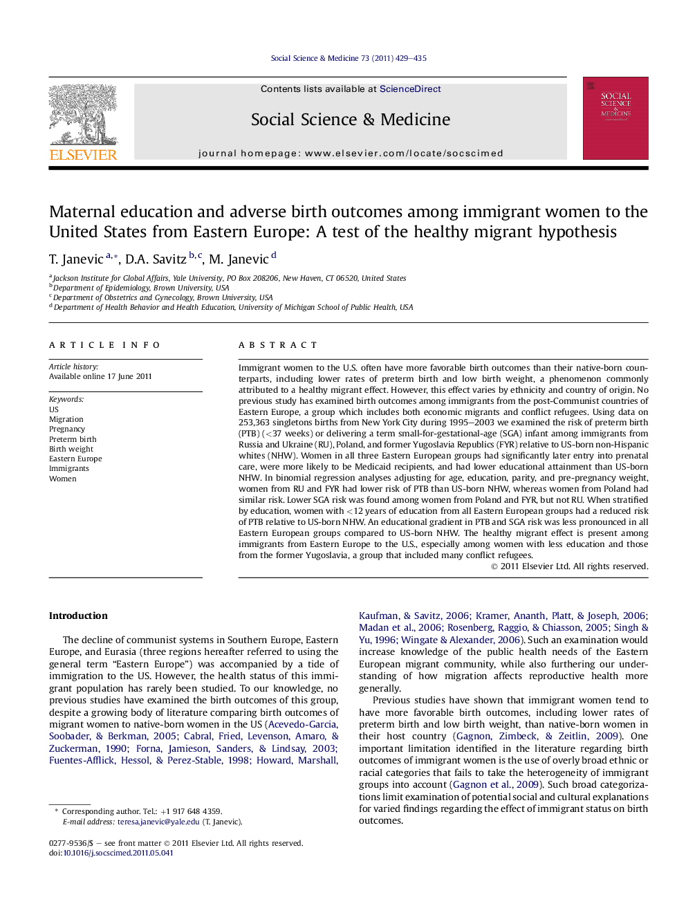 عکس صفحه اول مقاله: Maternal education and adverse birth outcomes among immigrant women to the United States from Eastern Europe: A test of the healthy migrant hypothesis Maternal education and adverse birth outcomes among immigrant women to the United States from Eastern Europe: A test of the healthy migrant hypothesis