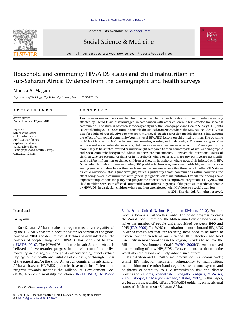 Household and community HIV/AIDS status and child malnutrition in sub-Saharan Africa: Evidence from the demographic and health surveys