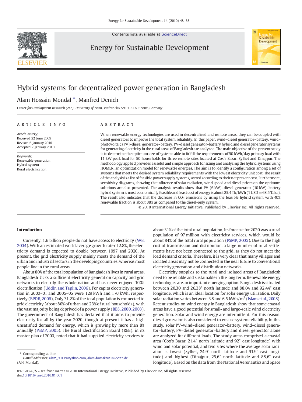 Hybrid systems for decentralized power generation in Bangladesh