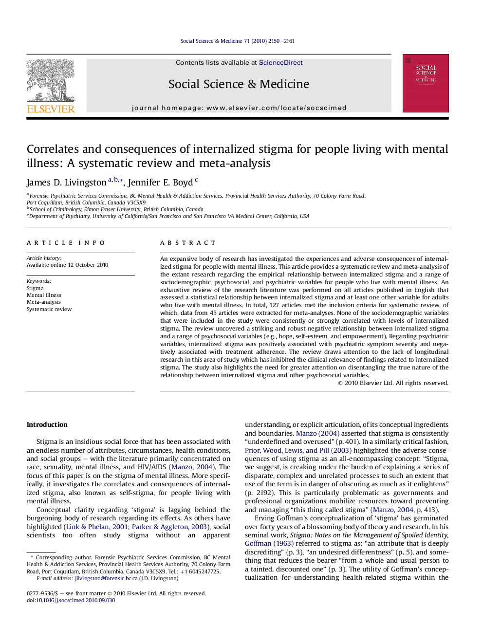 Correlates and consequences of internalized stigma for people living with mental illness: A systematic review and meta-analysis