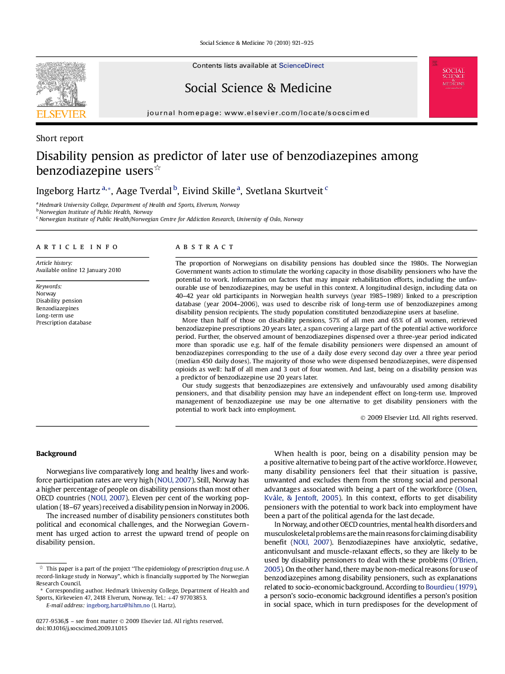 Disability pension as predictor of later use of benzodiazepines among benzodiazepine users