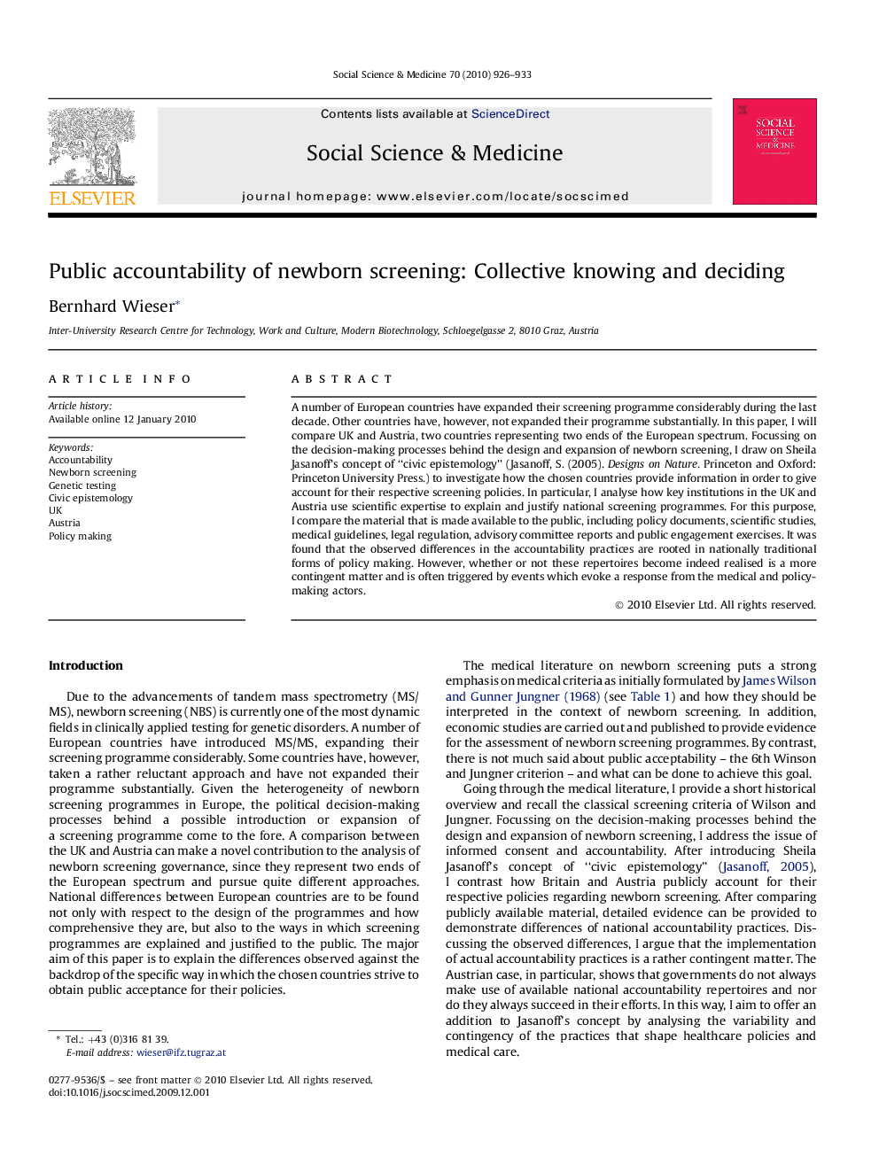 Public accountability of newborn screening: Collective knowing and deciding