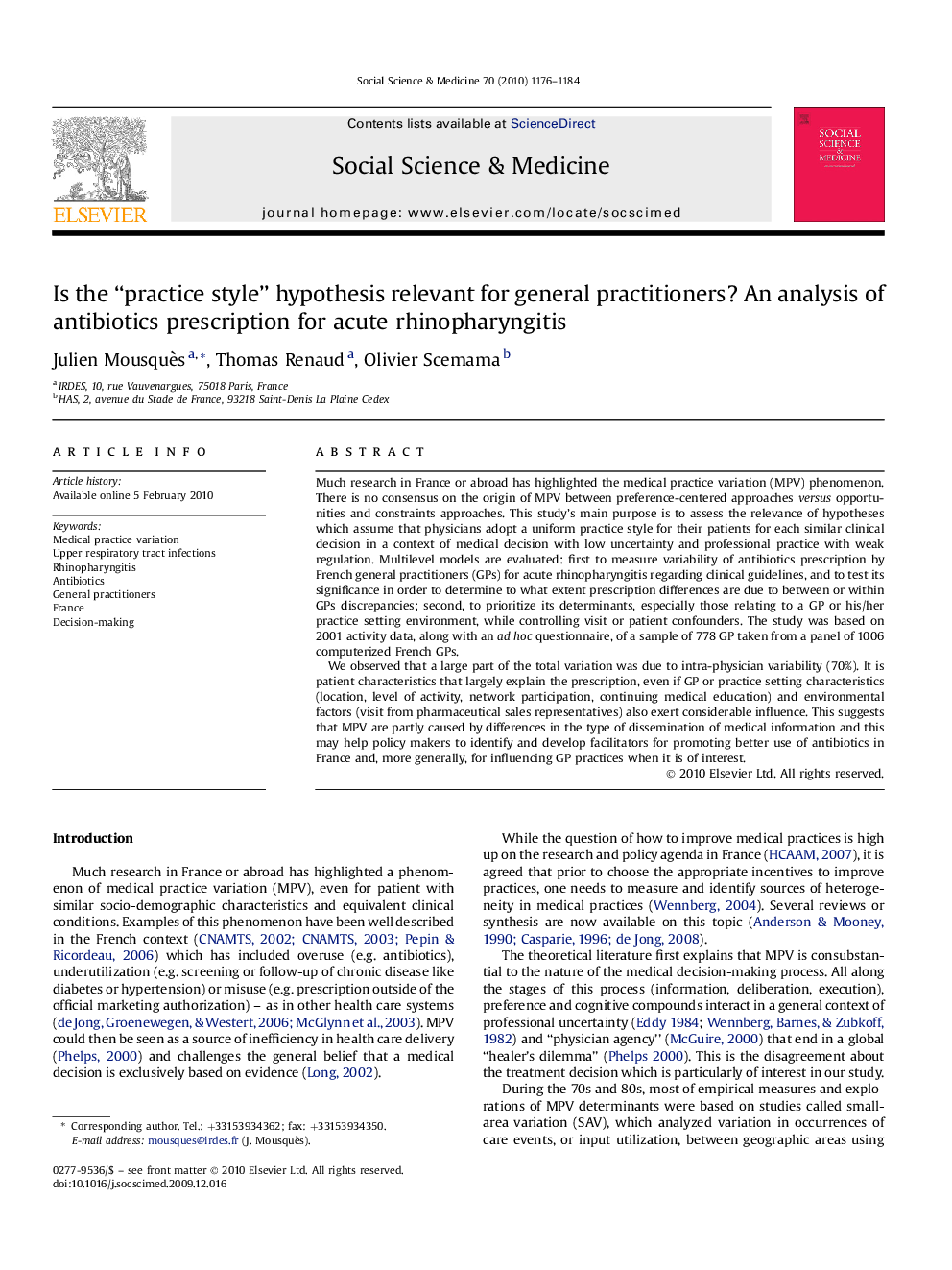 Is the “practice style” hypothesis relevant for general practitioners? An analysis of antibiotics prescription for acute rhinopharyngitis