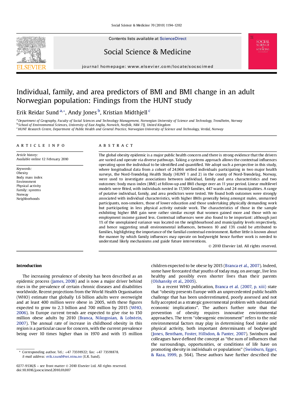 Individual, family, and area predictors of BMI and BMI change in an adult Norwegian population: Findings from the HUNT study