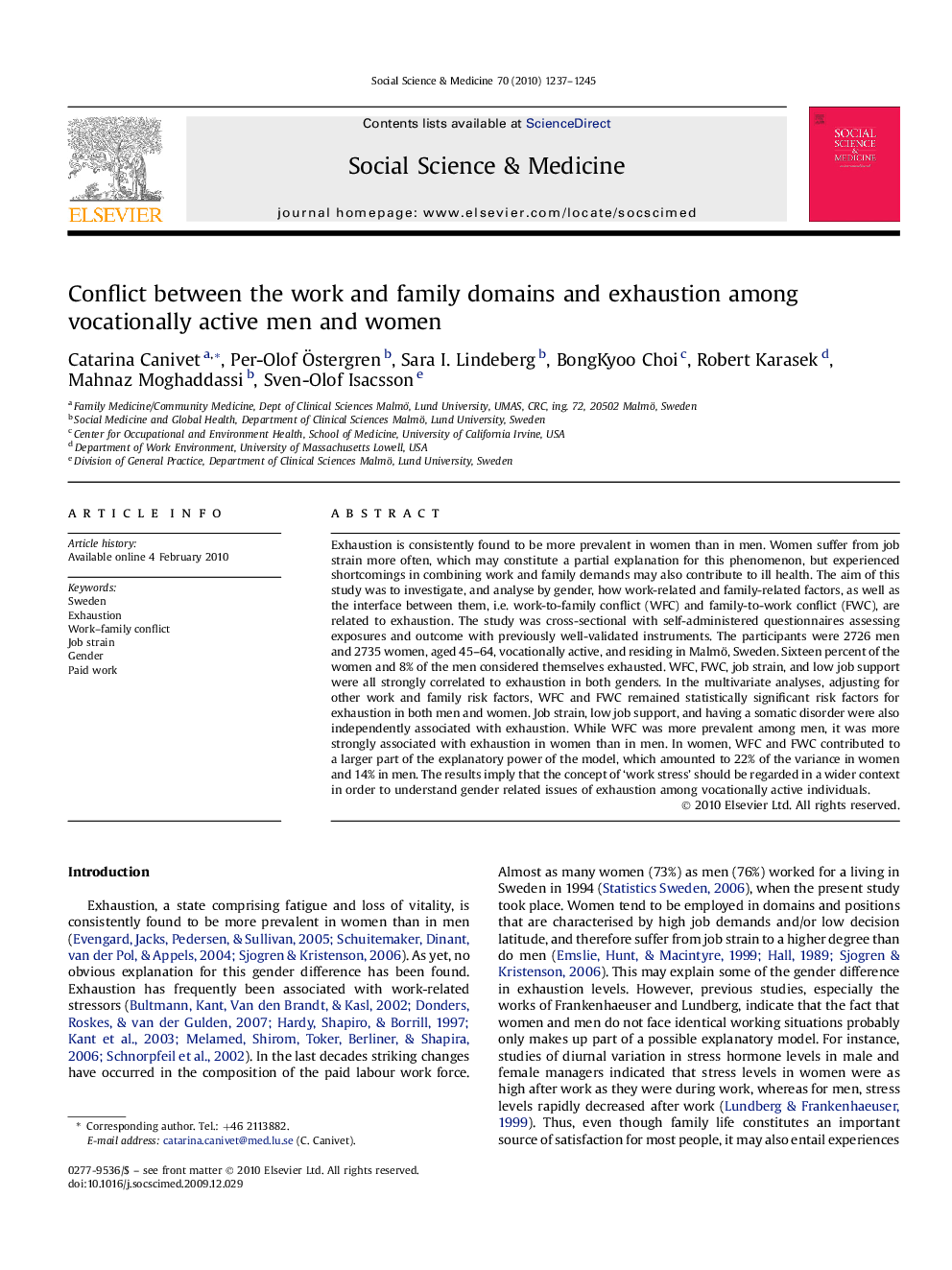 Conflict between the work and family domains and exhaustion among vocationally active men and women