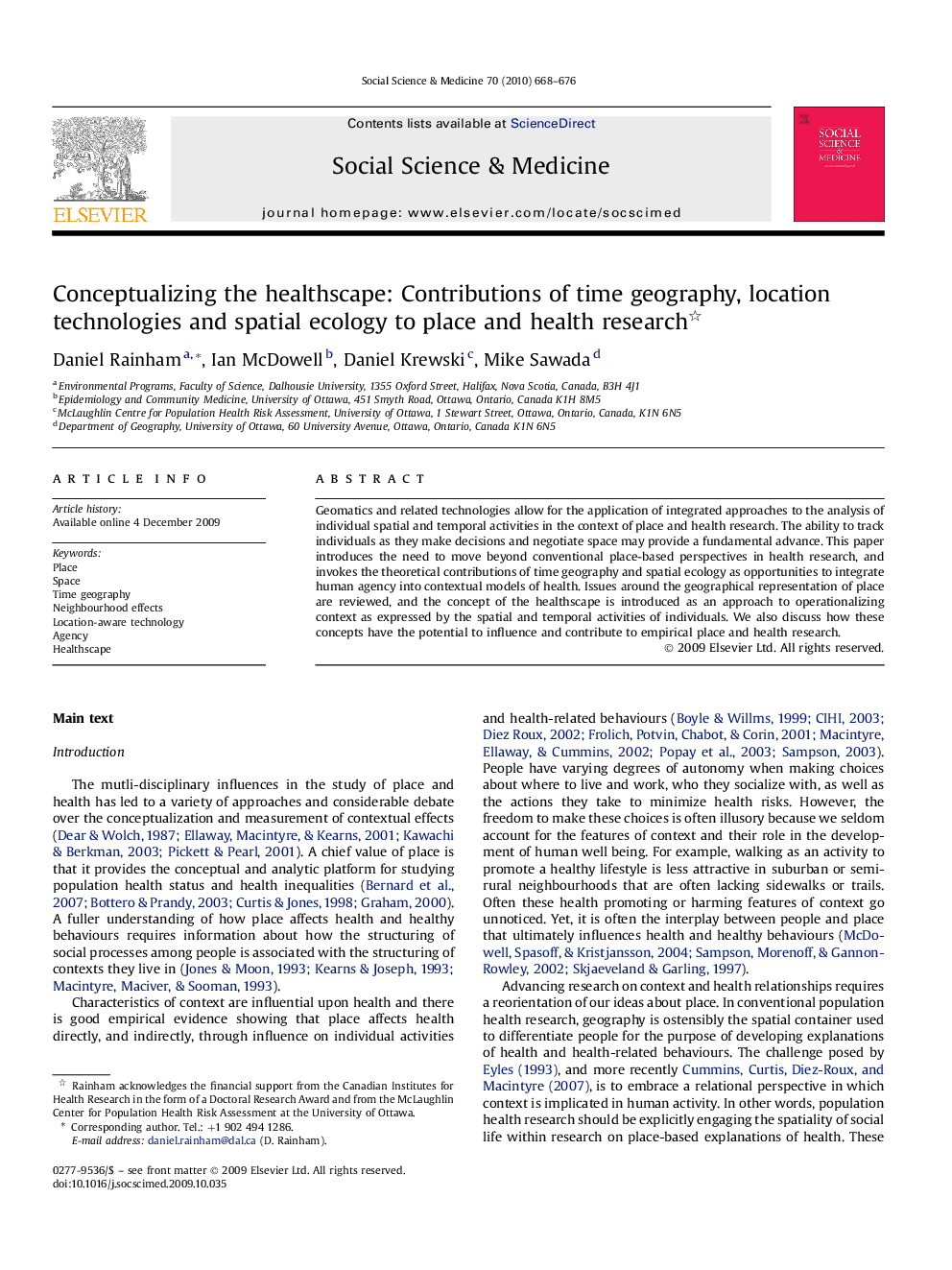 Conceptualizing the healthscape: Contributions of time geography, location technologies and spatial ecology to place and health research