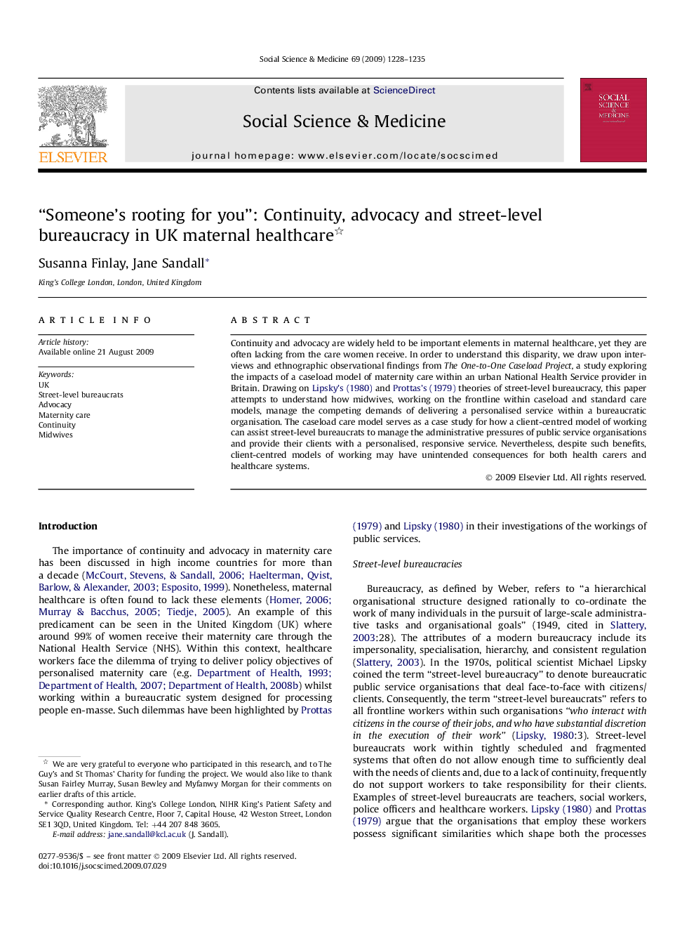 “Someone's rooting for you”: Continuity, advocacy and street-level bureaucracy in UK maternal healthcare