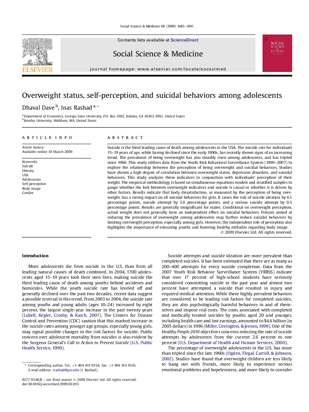 Overweight status, self-perception, and suicidal behaviors among adolescents