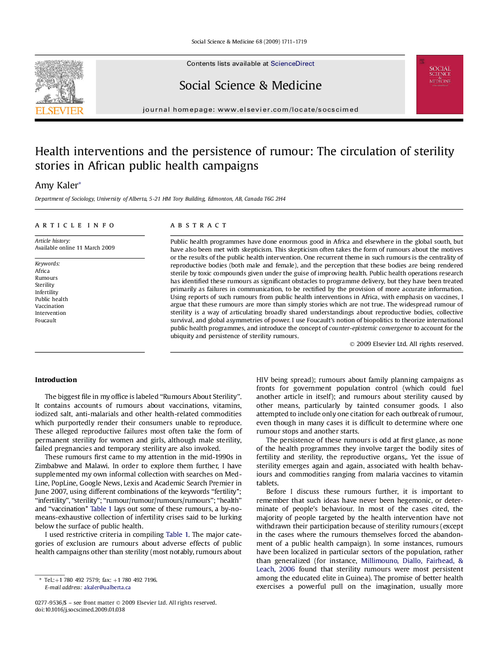 Health interventions and the persistence of rumour: The circulation of sterility stories in African public health campaigns