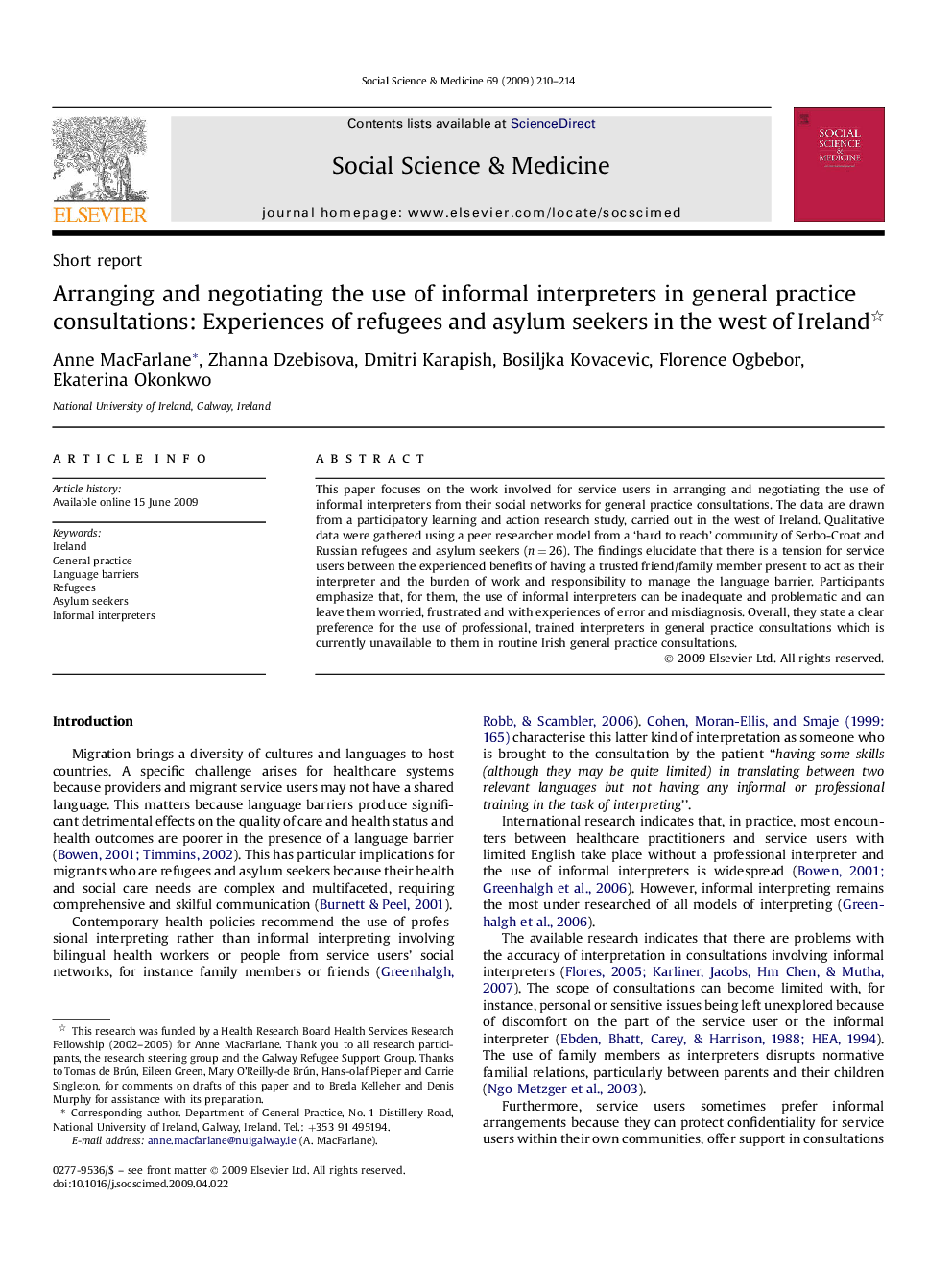 Arranging and negotiating the use of informal interpreters in general practice consultations: Experiences of refugees and asylum seekers in the west of Ireland