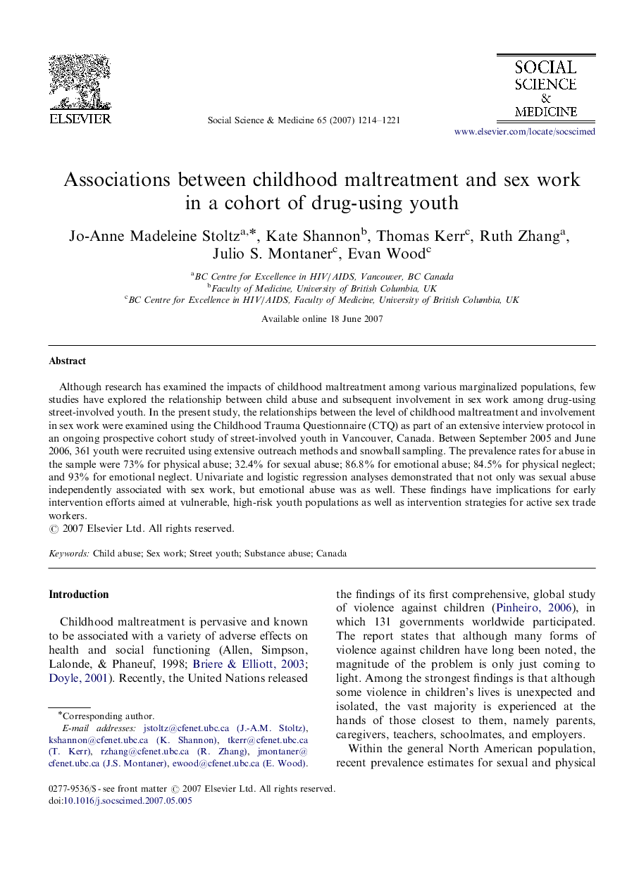 Associations between childhood maltreatment and sex work in a cohort of drug-using youth