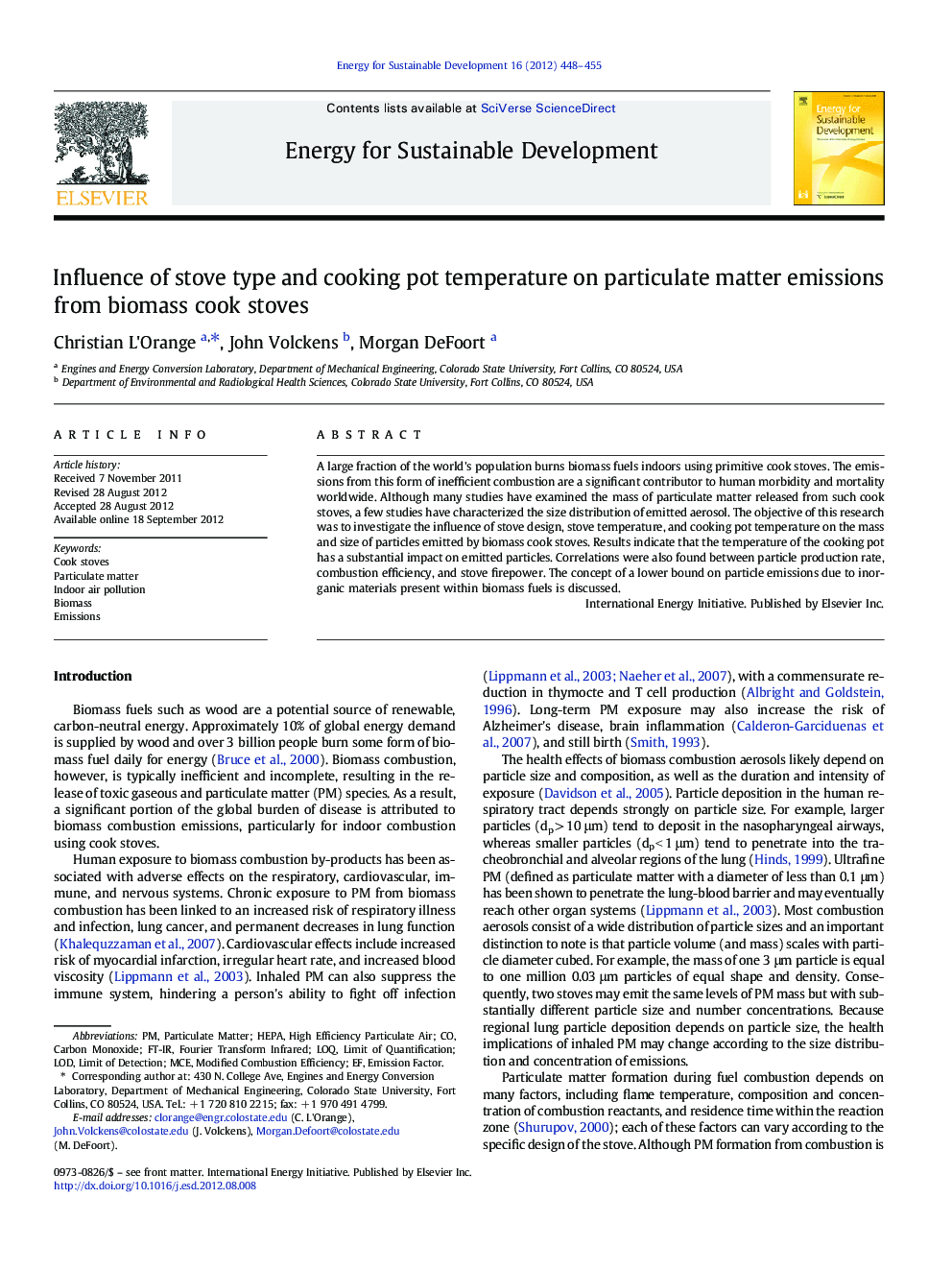 Influence of stove type and cooking pot temperature on particulate matter emissions from biomass cook stoves