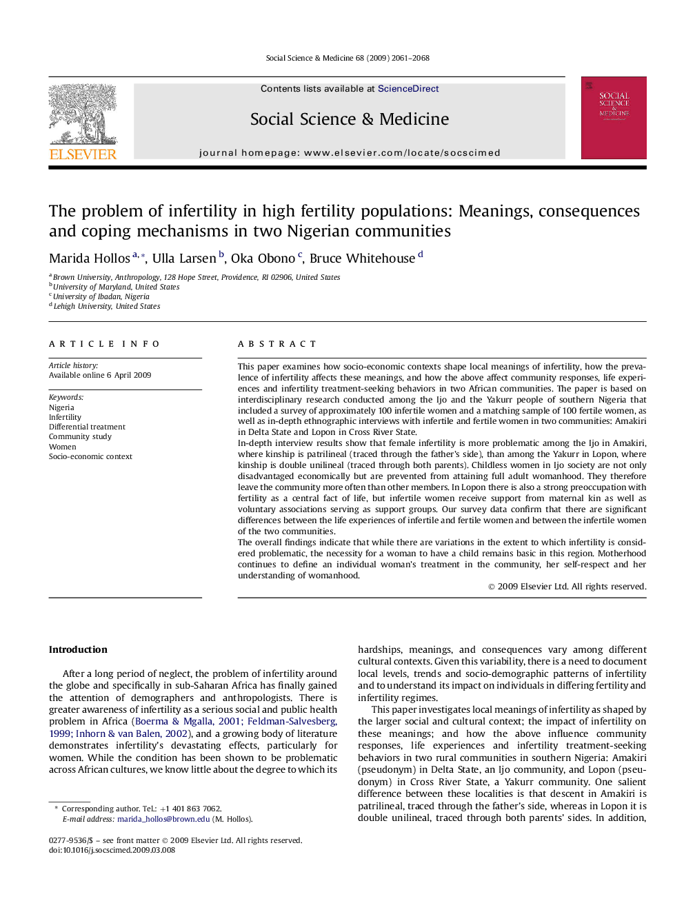 The problem of infertility in high fertility populations: Meanings, consequences and coping mechanisms in two Nigerian communities