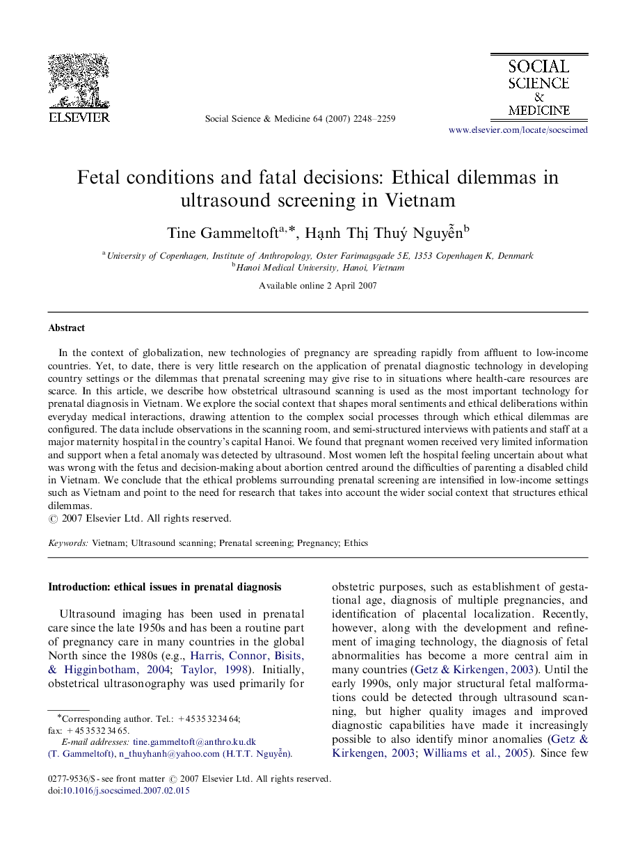 Fetal conditions and fatal decisions: Ethical dilemmas in ultrasound screening in Vietnam