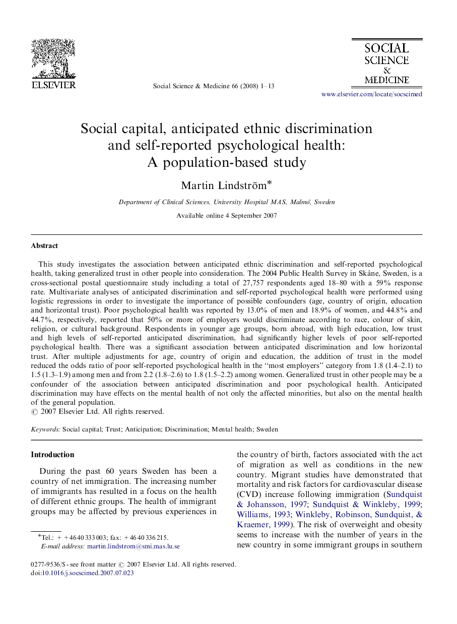 Social capital, anticipated ethnic discrimination and self-reported psychological health: A population-based study