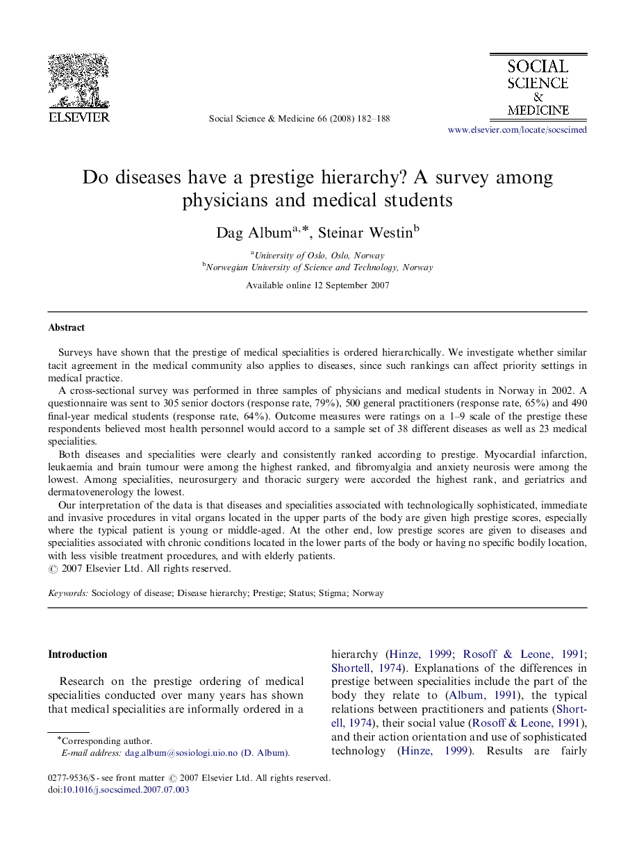 Do diseases have a prestige hierarchy? A survey among physicians and medical students