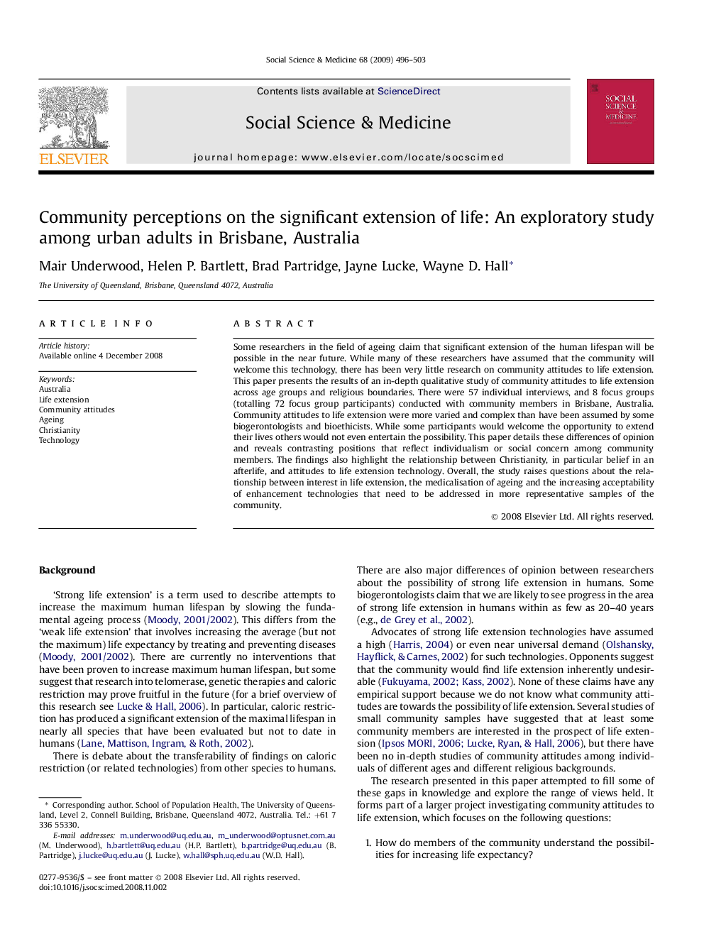 Community perceptions on the significant extension of life: An exploratory study among urban adults in Brisbane, Australia