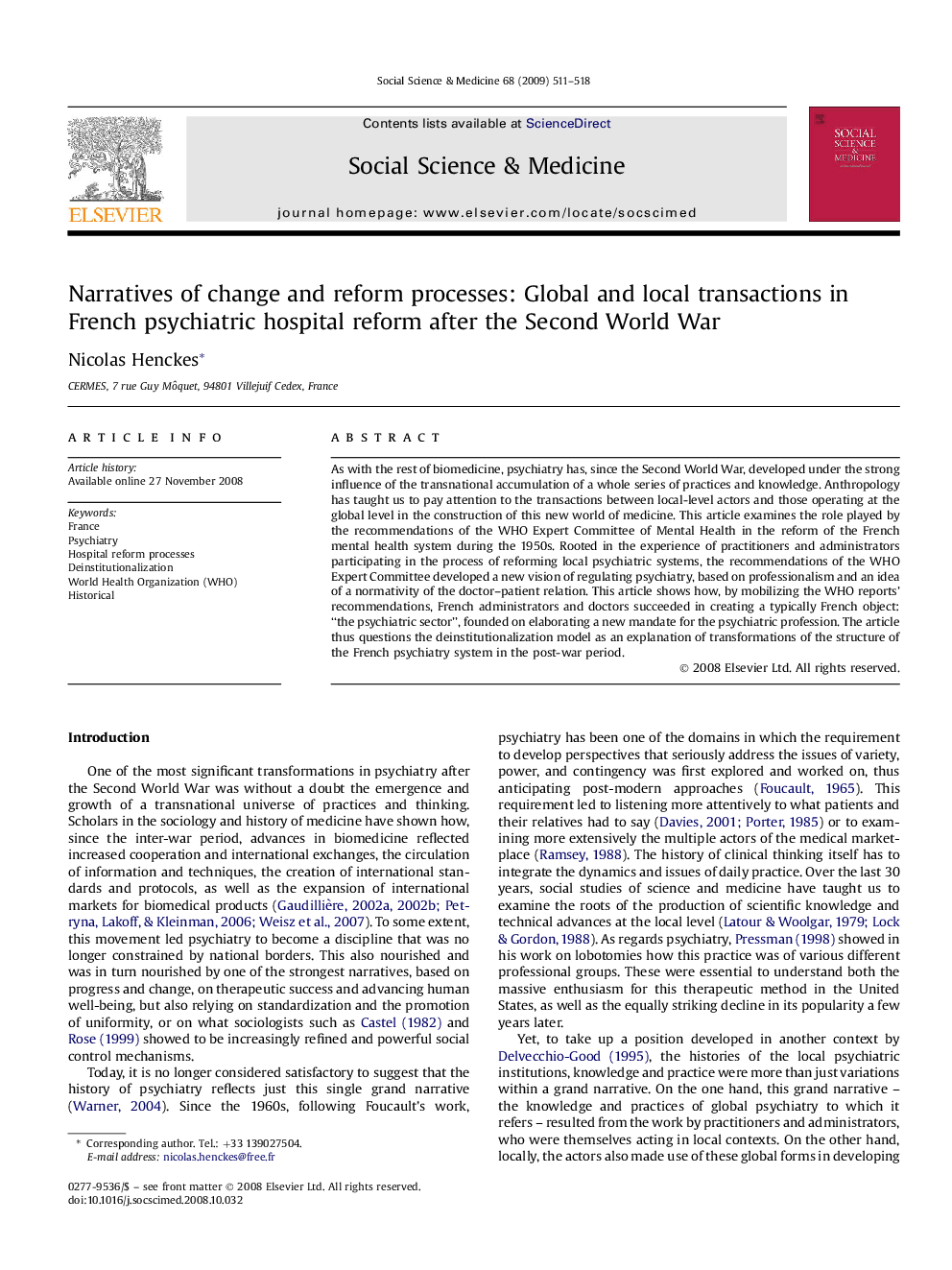 Narratives of change and reform processes: Global and local transactions in French psychiatric hospital reform after the Second World War