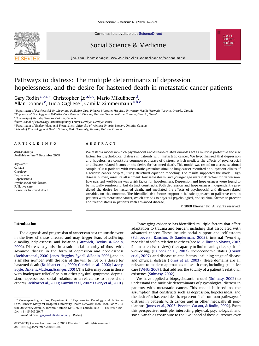 Pathways to distress: The multiple determinants of depression, hopelessness, and the desire for hastened death in metastatic cancer patients