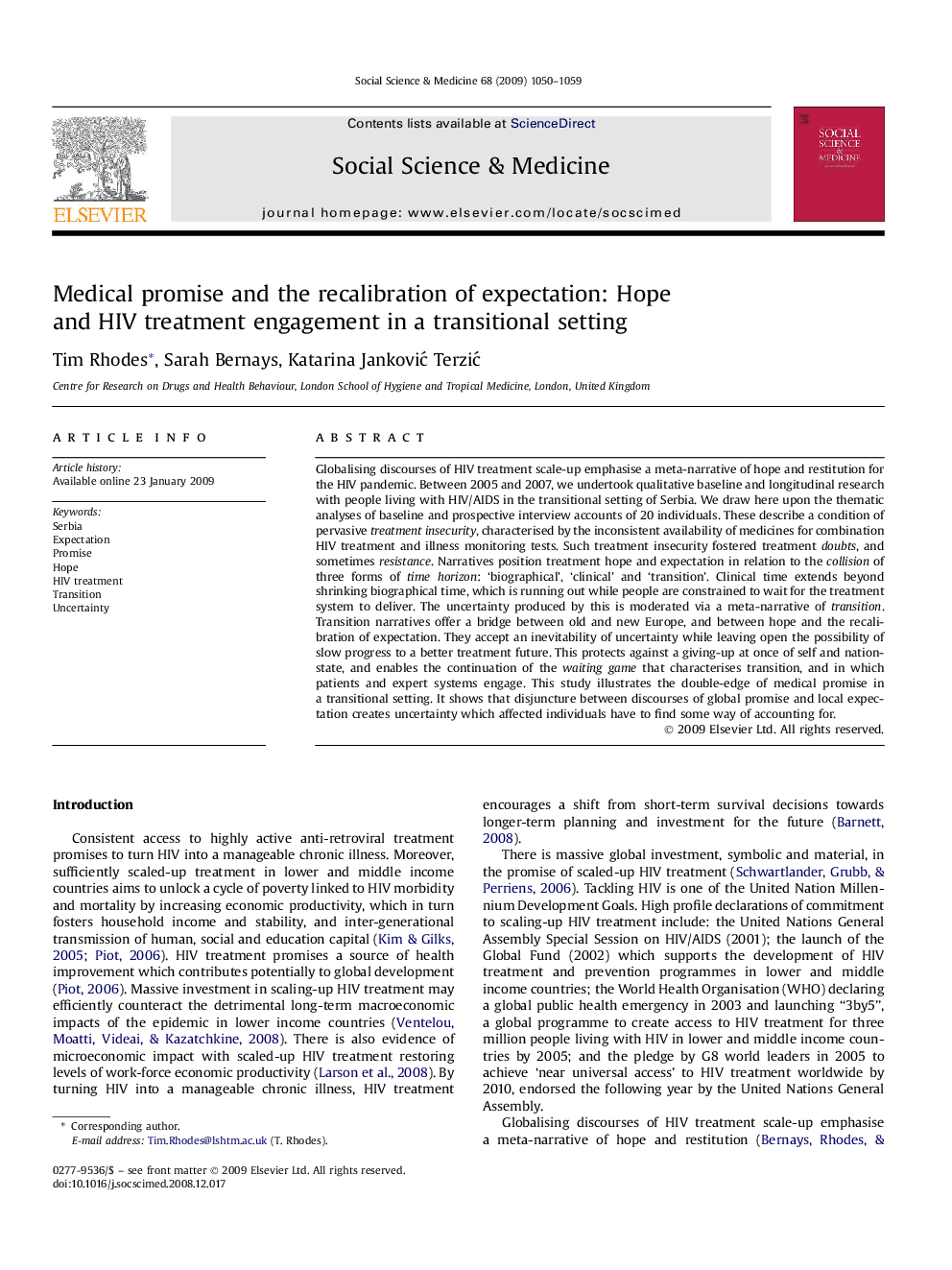 Medical promise and the recalibration of expectation: Hope and HIV treatment engagement in a transitional setting