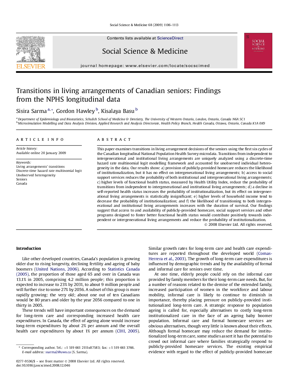 Transitions in living arrangements of Canadian seniors: Findings from the NPHS longitudinal data