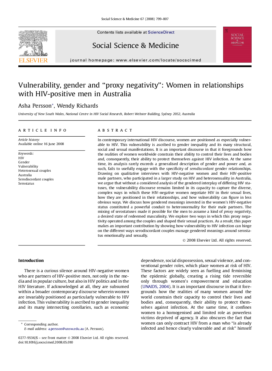 Vulnerability, gender and “proxy negativity”: Women in relationships with HIV-positive men in Australia