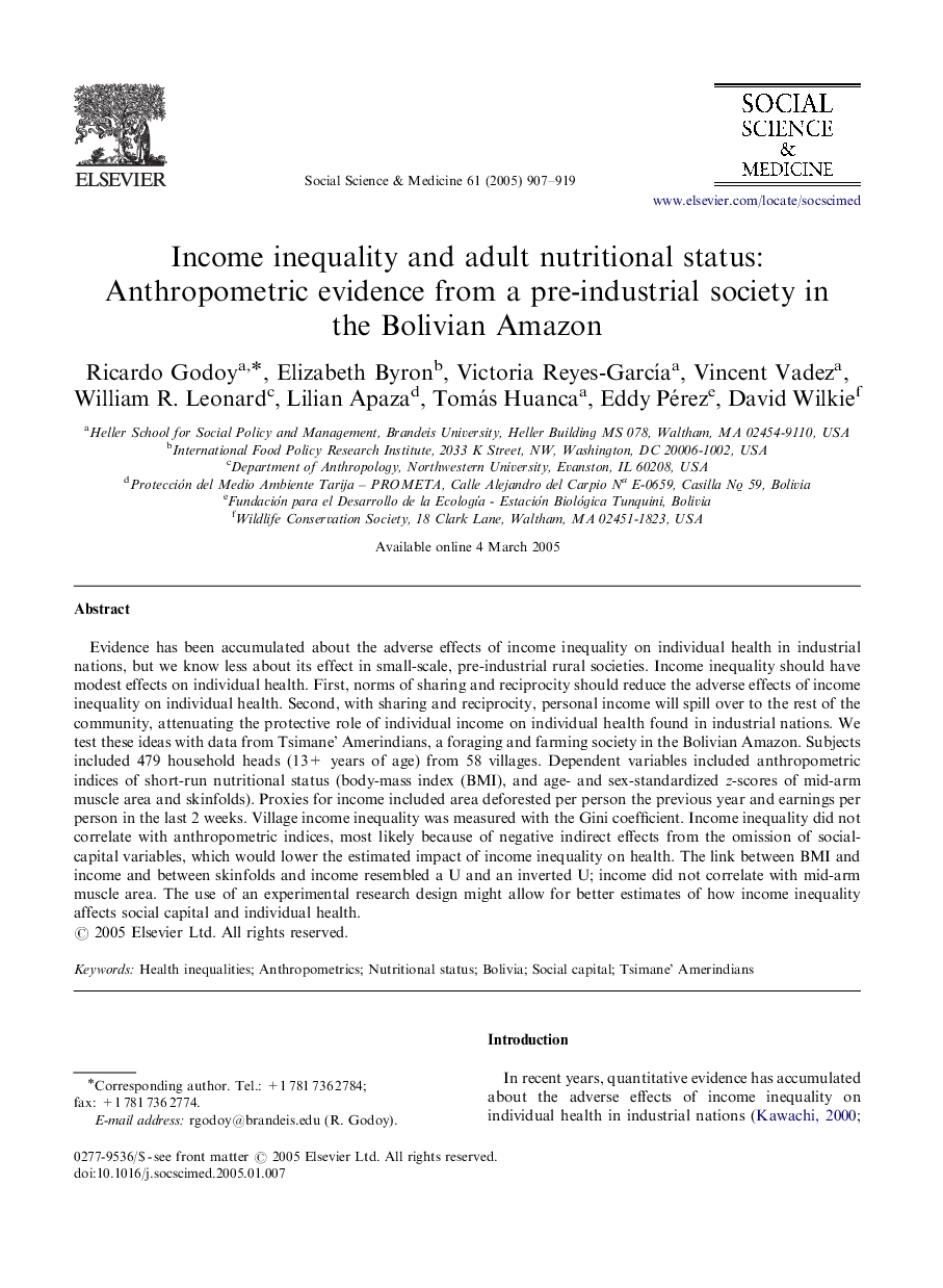 Income inequality and adult nutritional status: Anthropometric evidence from a pre-industrial society in the Bolivian Amazon