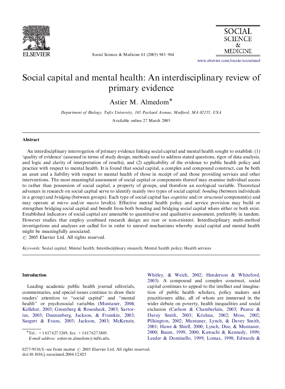 Social capital and mental health: An interdisciplinary review of primary evidence