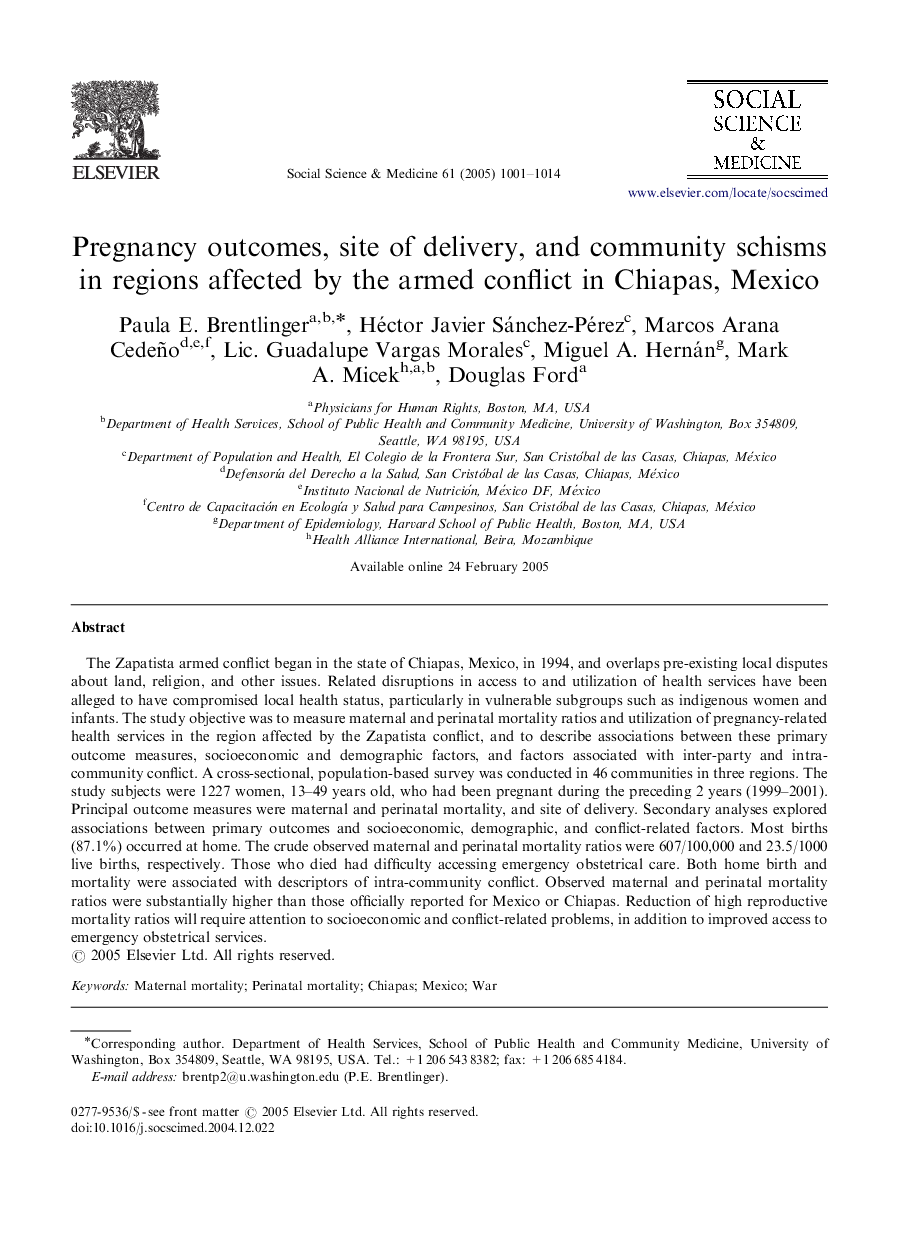 Pregnancy outcomes, site of delivery, and community schisms in regions affected by the armed conflict in Chiapas, Mexico