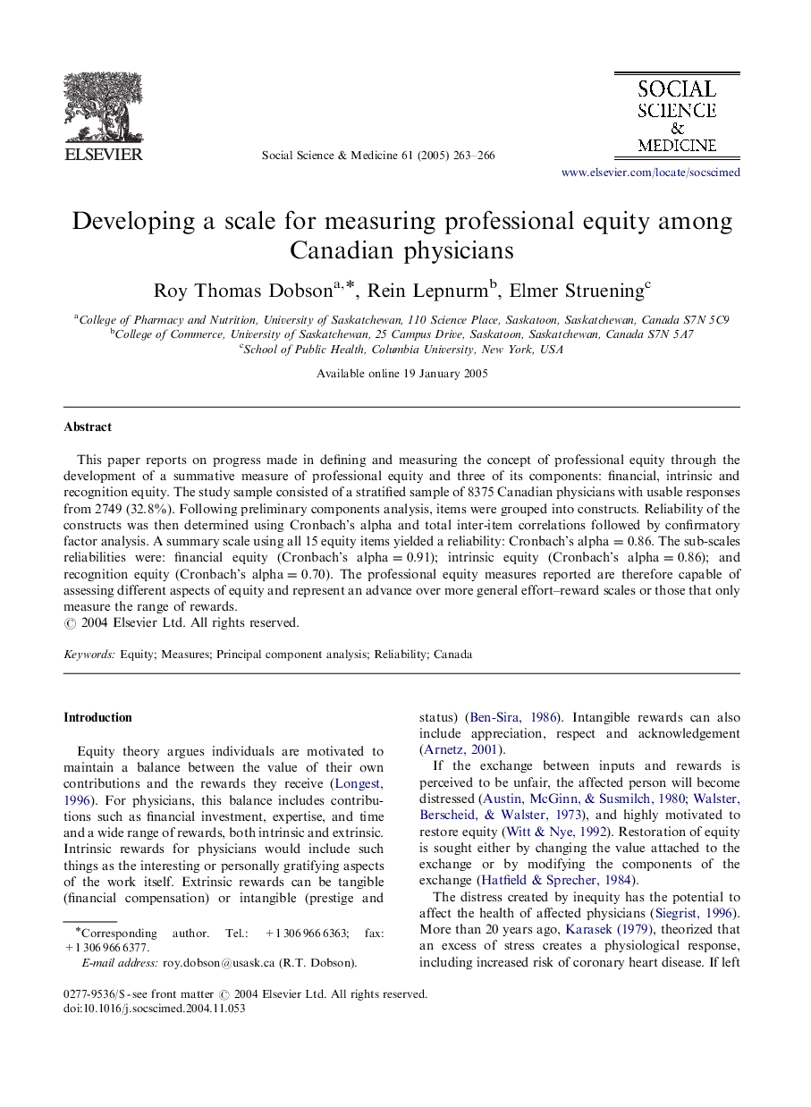 Developing a scale for measuring professional equity among Canadian physicians