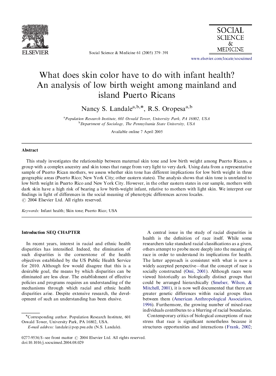 What does skin color have to do with infant health? An analysis of low birth weight among mainland and island Puerto Ricans