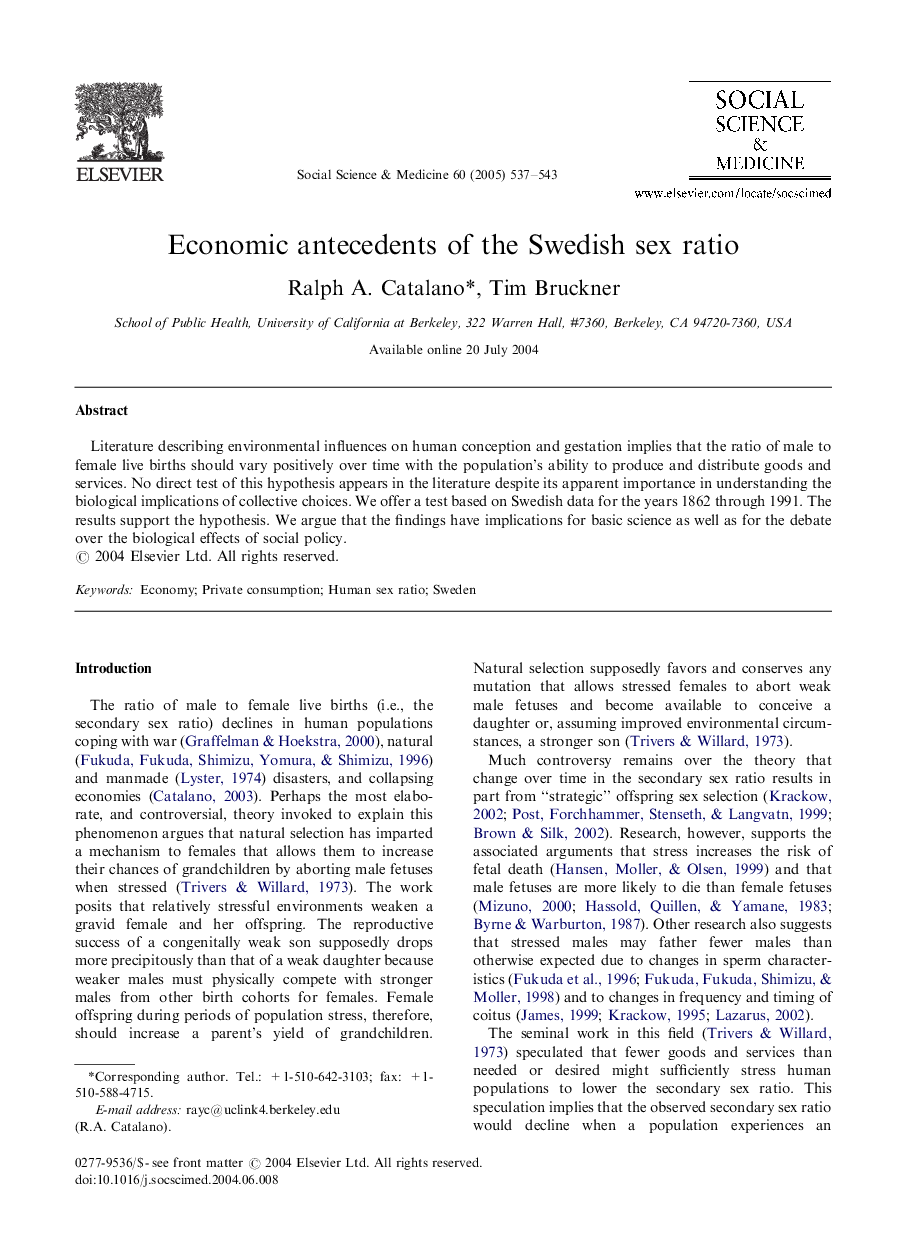 Economic antecedents of the Swedish sex ratio